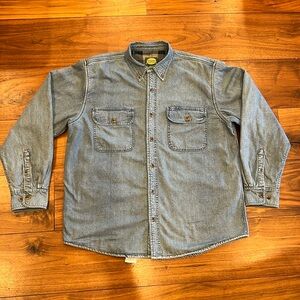 Cabelas vintage denim fleece lined men’s shirt jacket. Large, like new.